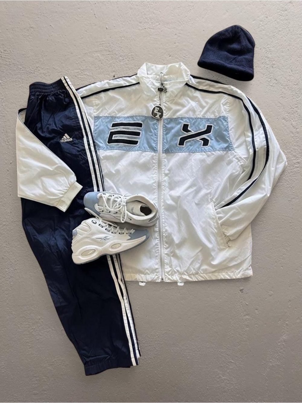 Y2K TAGGED! Exco Athletics White & Blue Lined Embroidered Logo Track Jacket